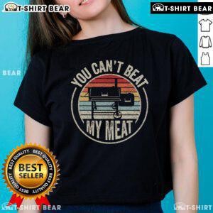 Retro vintage BBQ grilling tee for ladies with 'You Can't Beat My Meat' slogan, perfect for BBQ enthusiasts.