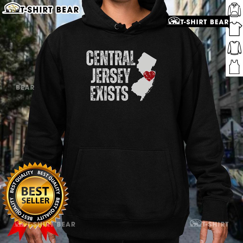 Cozy Top Central Jersey Does Exist hoodie displayed on a wooden background, perfect for local pride and casual wear.