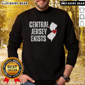 Cozy Top Central Jersey Does Exist sweatshirt displayed on a rustic wooden background, perfect for local pride and comfort.