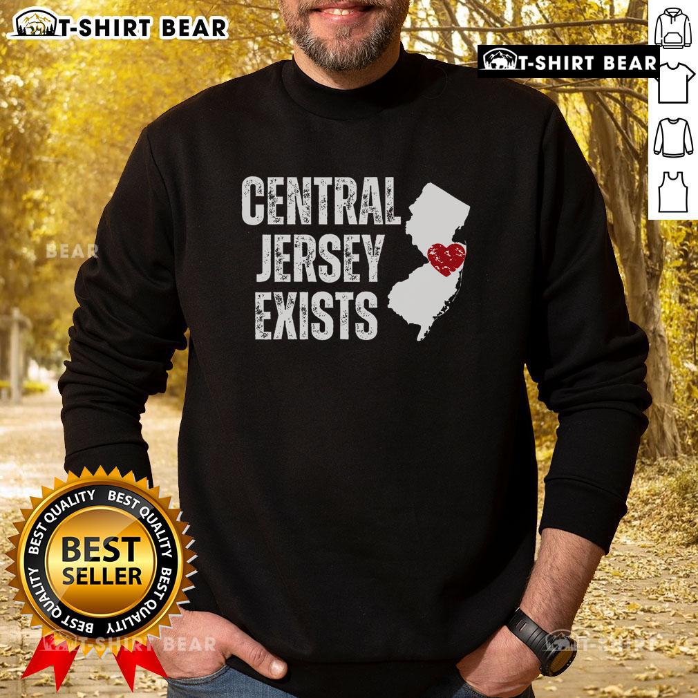 Cozy Top Central Jersey Does Exist sweatshirt displayed on a rustic wooden background, perfect for local pride and comfort.