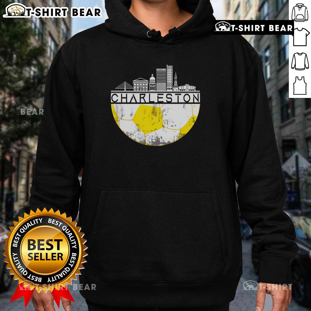 Top Charleston skyline with soccer champs wearing sports hoodie, celebrating victory in soccer tournament.