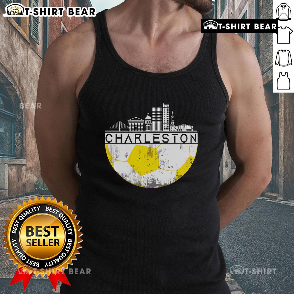 Top Charleston skyline with soccer champs wearing sports tank tops, celebrating victory in a vibrant city backdrop.