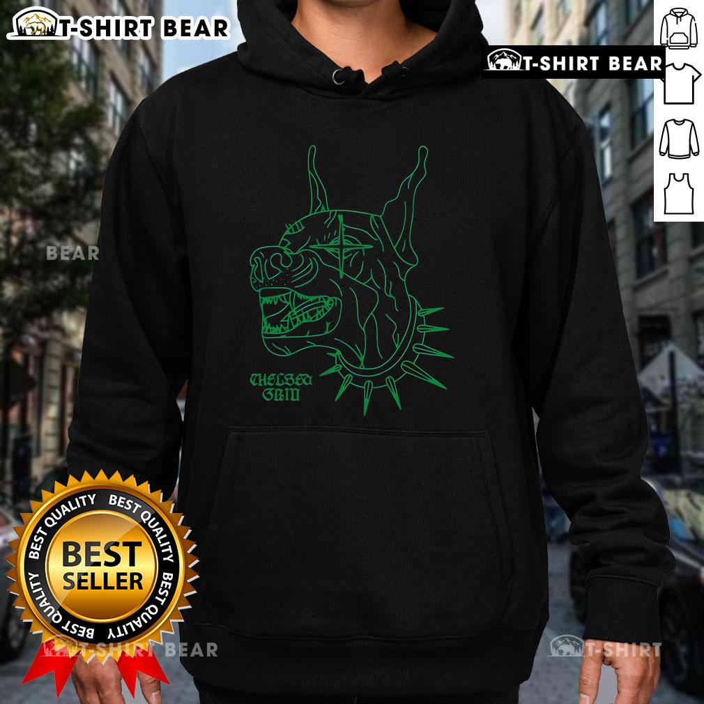 Stylish Top Chelsea Grin Doberman hoodie featuring a bold graphic design and comfortable fit, perfect for dog lovers.