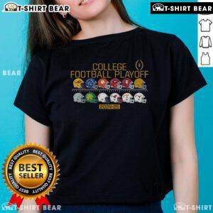 2024-2025 college football playoff team helmets graphic on a ladies tee, showcasing top college teams.