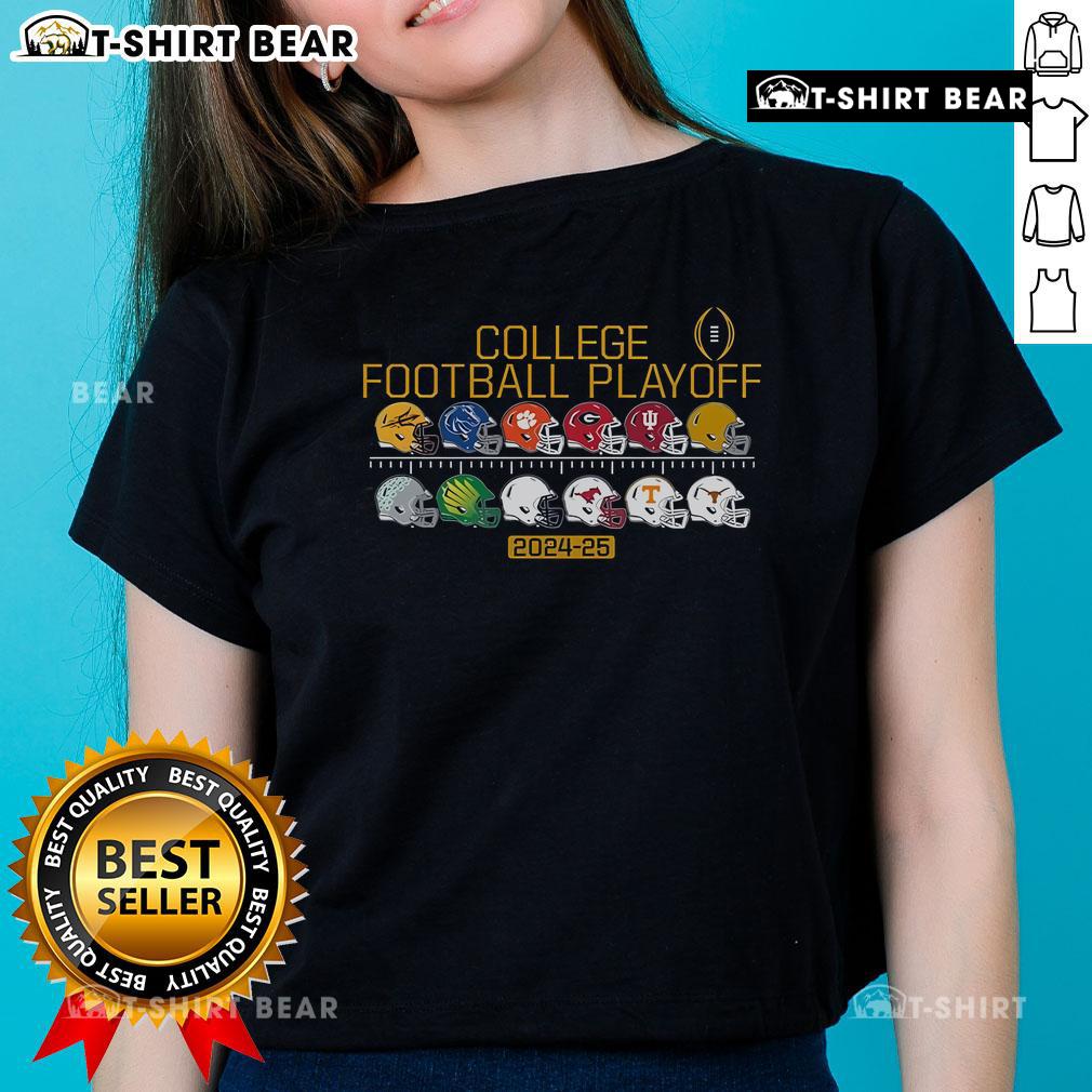 2024-2025 college football playoff team helmets graphic on a ladies tee, showcasing top college teams.