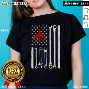 Top Cool Aircraft Mechanic ladies tee featuring an American flag design, perfect for aviation enthusiasts and mechanics.