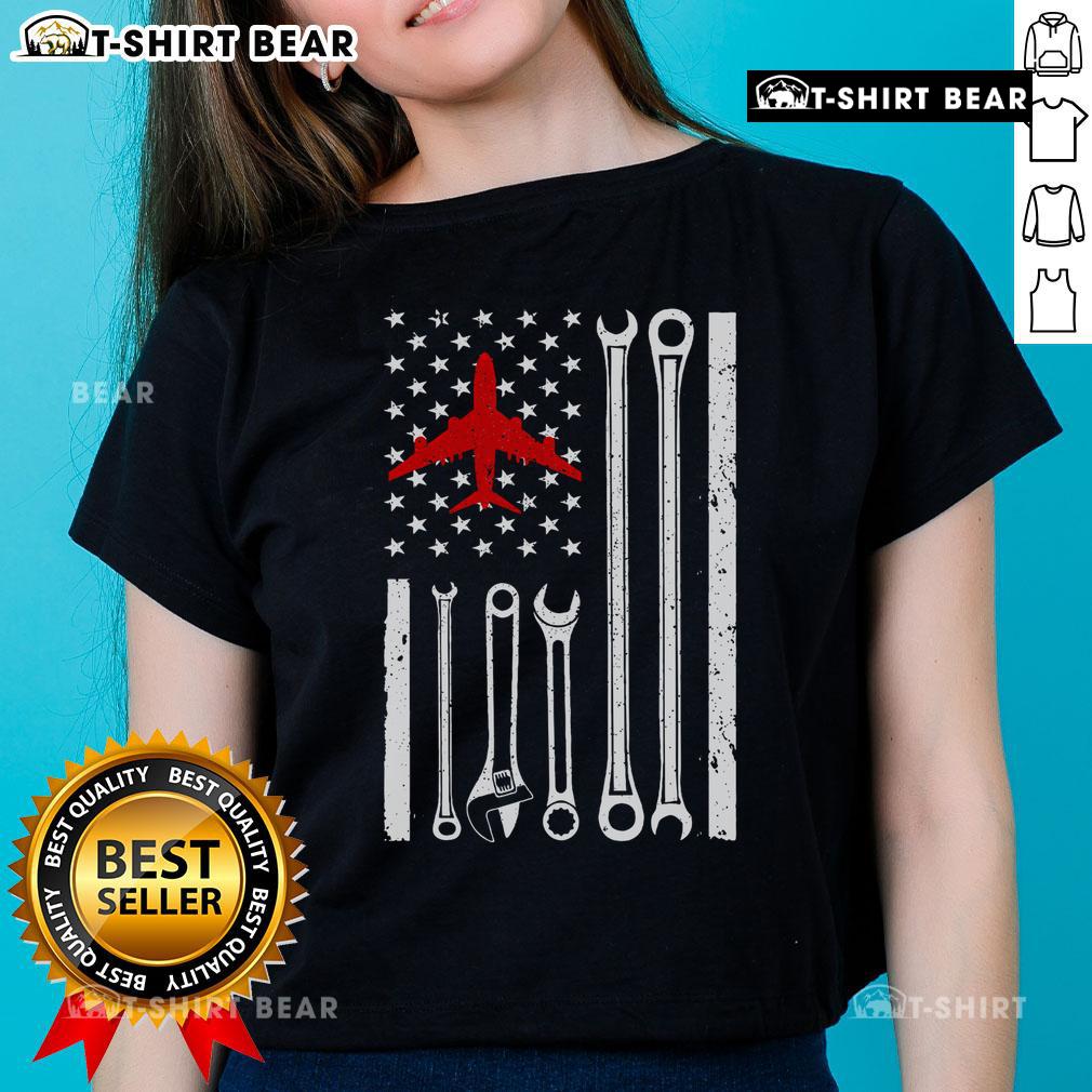 Top Cool Aircraft Mechanic ladies tee featuring an American flag design, perfect for aviation enthusiasts and mechanics.