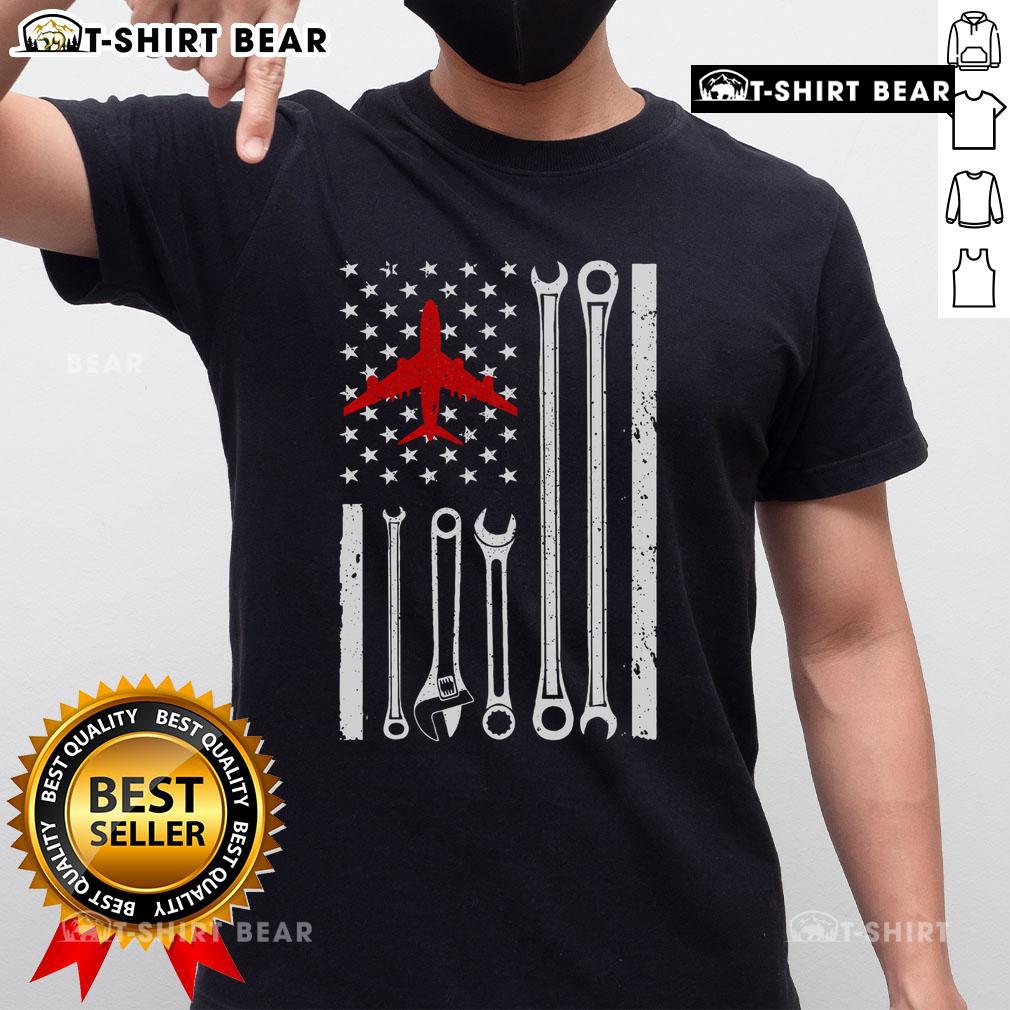 Top Cool Aircraft Mechanic T-Shirt featuring the American flag design, perfect for aviation enthusiasts and mechanics.