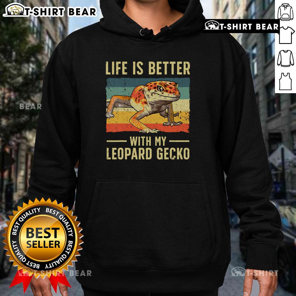 Person wearing a vintage hoodie with 'Life Is Better With My Leopard Gecko' design, showcasing a stylish reptile-themed outfit.