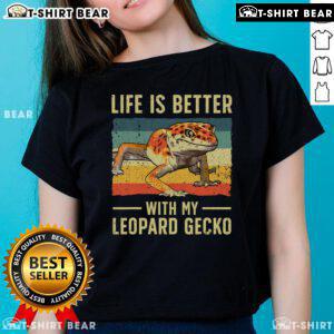 Vintage ladies tee featuring the phrase 'Life Is Better With My Leopard Gecko' in a stylish design for reptile lovers.