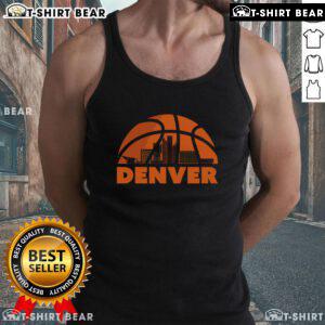 Alt Text: Stylish basketball tank top featuring the top Denver city skyline design, perfect for sports and city lovers.
