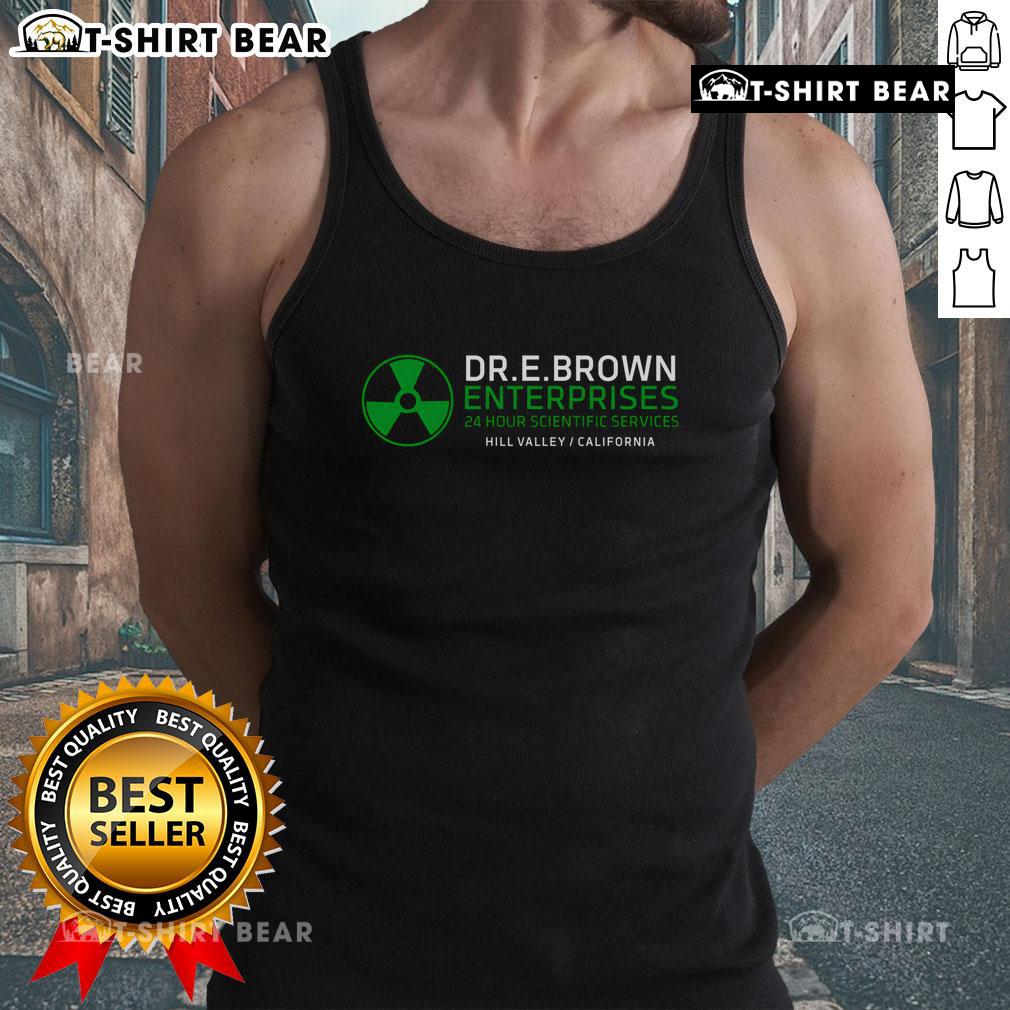 Top Dr. Emmett Doc Brown Enterprises tank top featuring iconic design and vibrant colors for fans of the Back to the Future series.