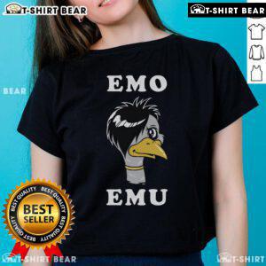 Funny metal goth emu bird design on a ladies tee, perfect for emo fashion enthusiasts and animal lovers.