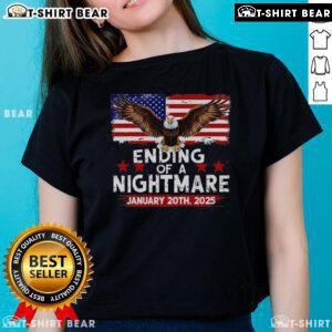 Top view of a 'Nightmare' graphic on a ladies tee featuring the American flag, January 20th, 2025 design.