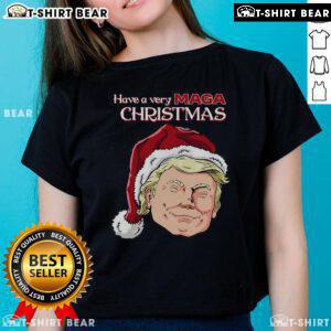 Womens 'Have A Very MAGA Christmas' tee featuring festive design, perfect for holiday celebrations and patriotic outfits.