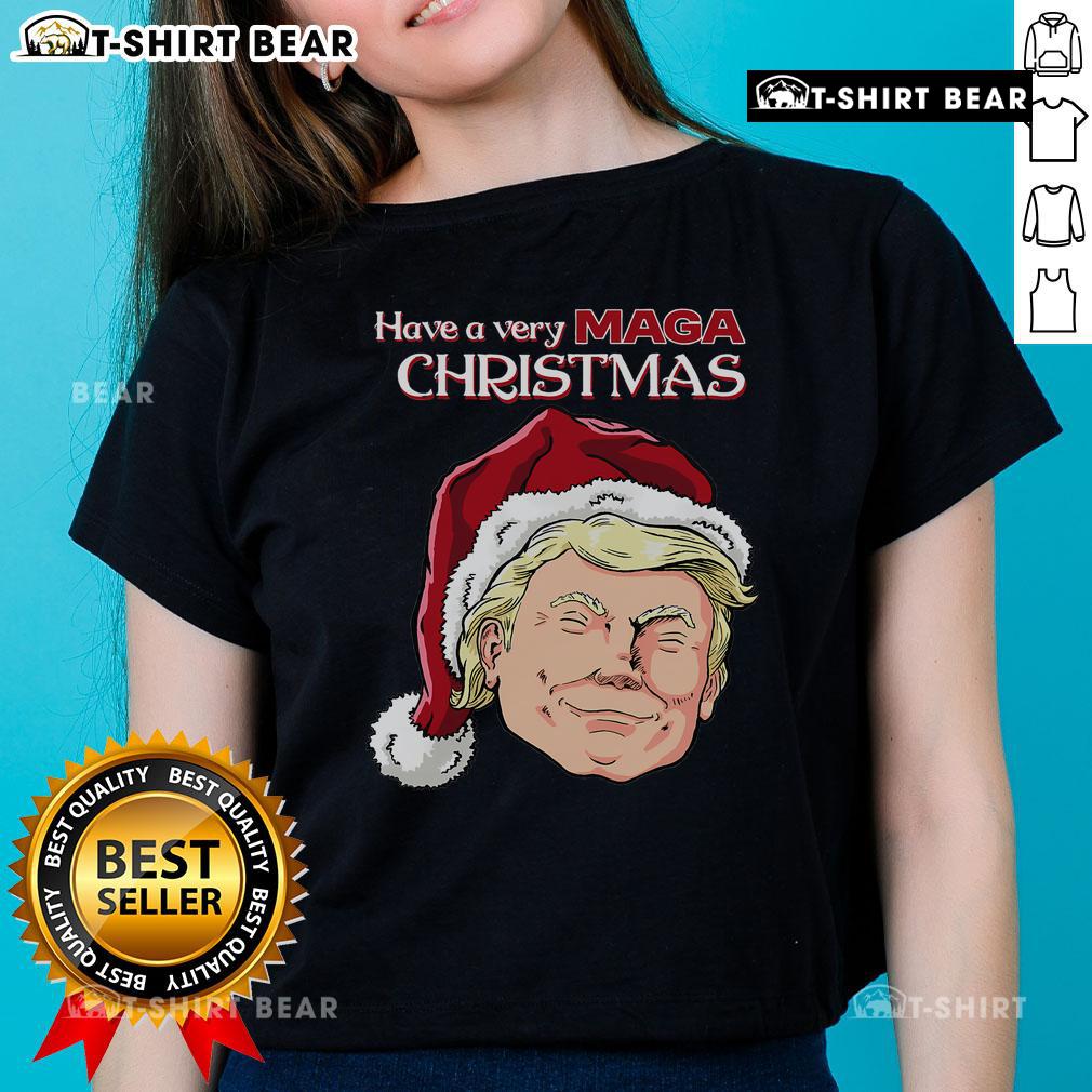 Womens 'Have A Very MAGA Christmas' tee featuring festive design, perfect for holiday celebrations and patriotic outfits.