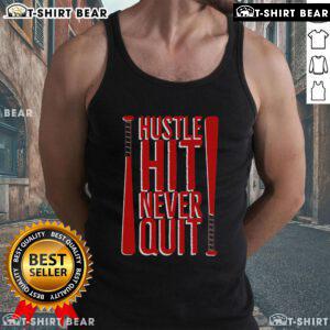 Alt Text: Top Hustle Hit Never Quit baseball saying on a workout fan tank top, perfect for practice and sports enthusiasts.