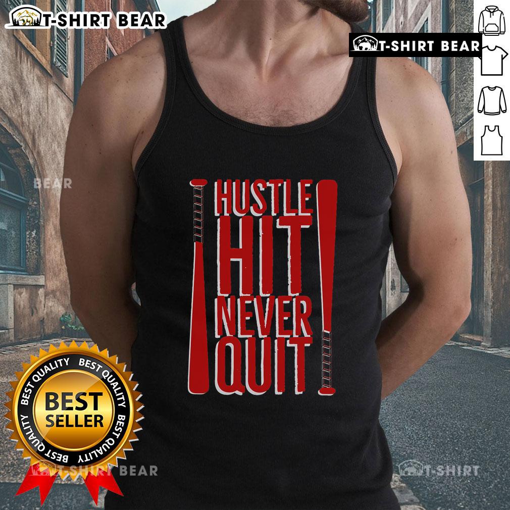 Alt Text: Top Hustle Hit Never Quit baseball saying on a workout fan tank top, perfect for practice and sports enthusiasts.