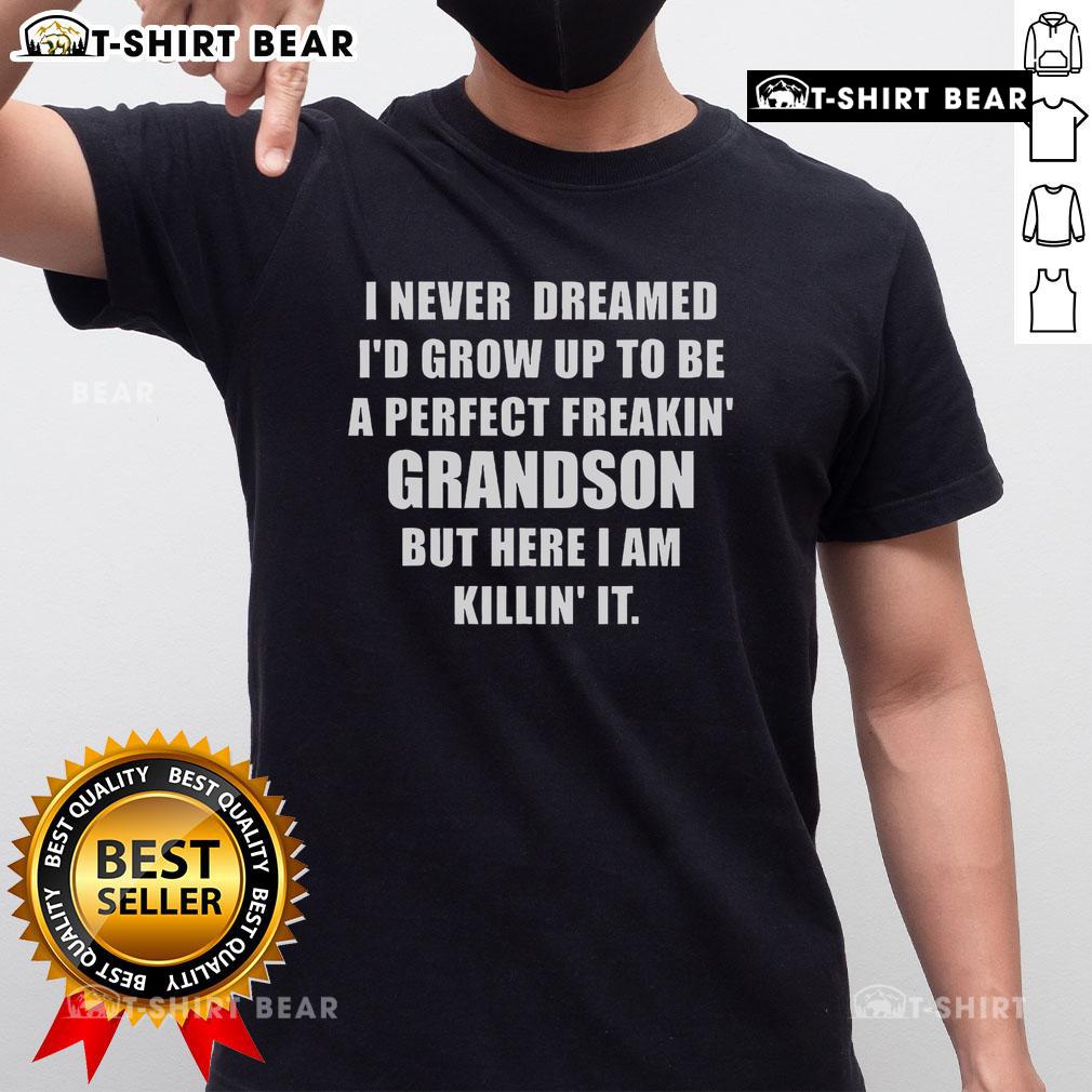Top I Never Dreamed I'D Grow Up To Be A Perfect Grandson T-Shirt design featuring text and playful graphics for gifts.