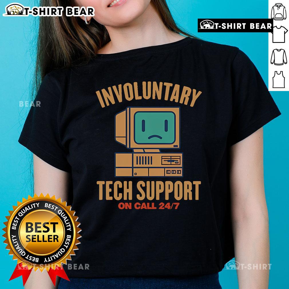 Top Involuntary Tech Support Ladies Tee featuring a humorous design celebrating women in tech support roles.