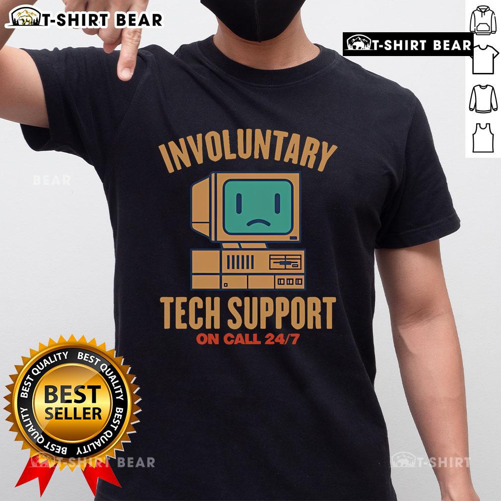 Top Involuntary Tech Support T-Shirt featuring humorous tech support graphics and bold text for IT enthusiasts.