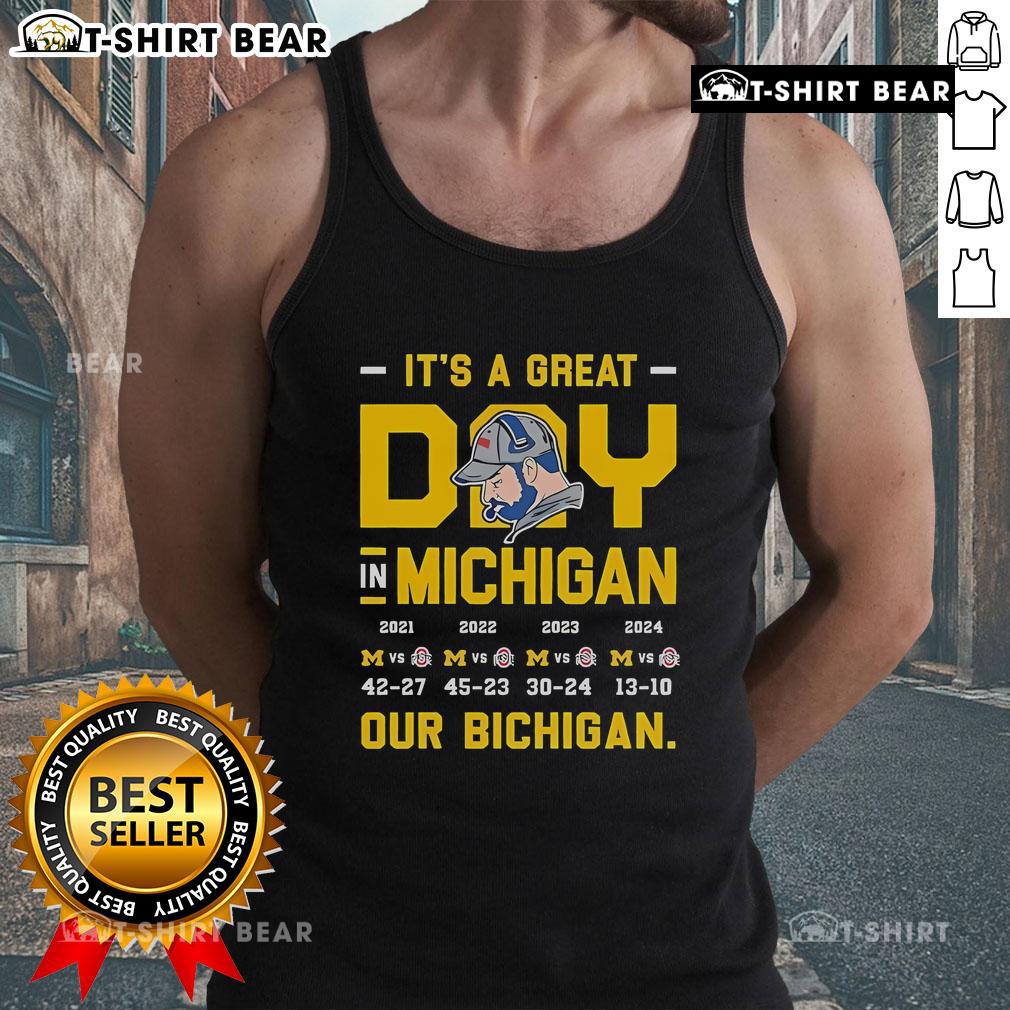 Model wearing 'Bichigan' tank top on a sunny day in Michigan, showcasing a fun and vibrant summer style.