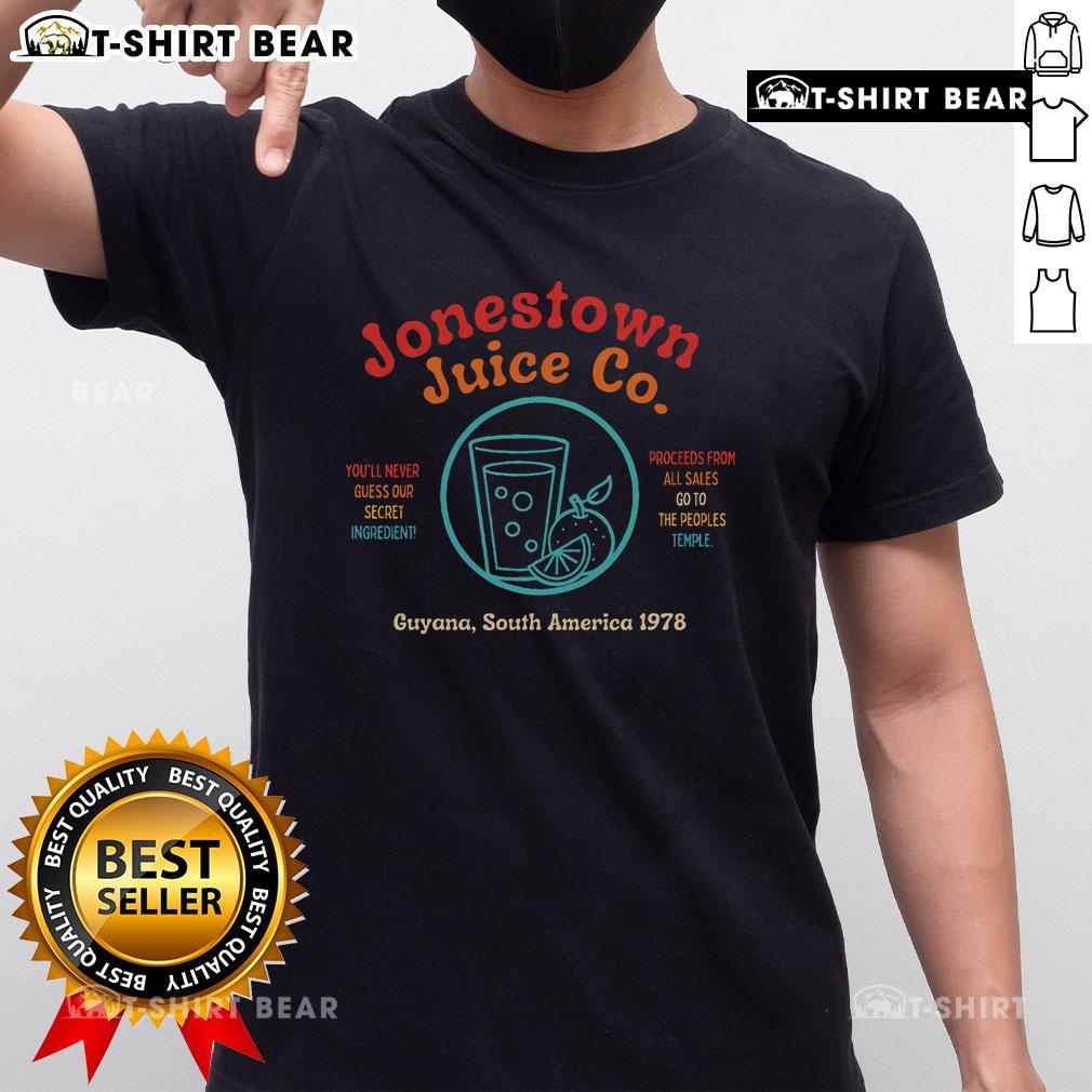 Top Jonestown Juice Co T-Shirt featuring 'You'll Never Guess Our Secret Ingredient' slogan in vibrant colors.