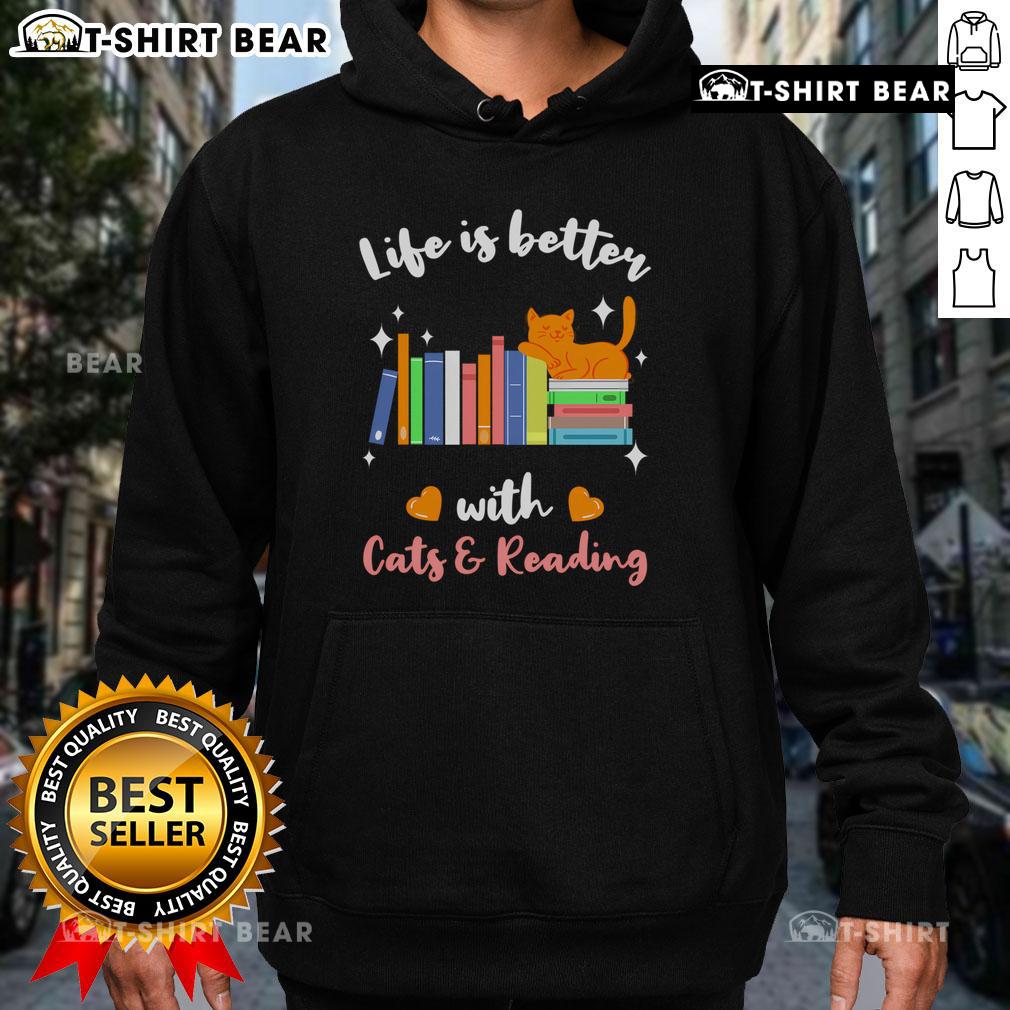 Cozy 'Life is Better With Cats' hoodie featuring a cat reading, perfect for cat lovers and cozy nights in.