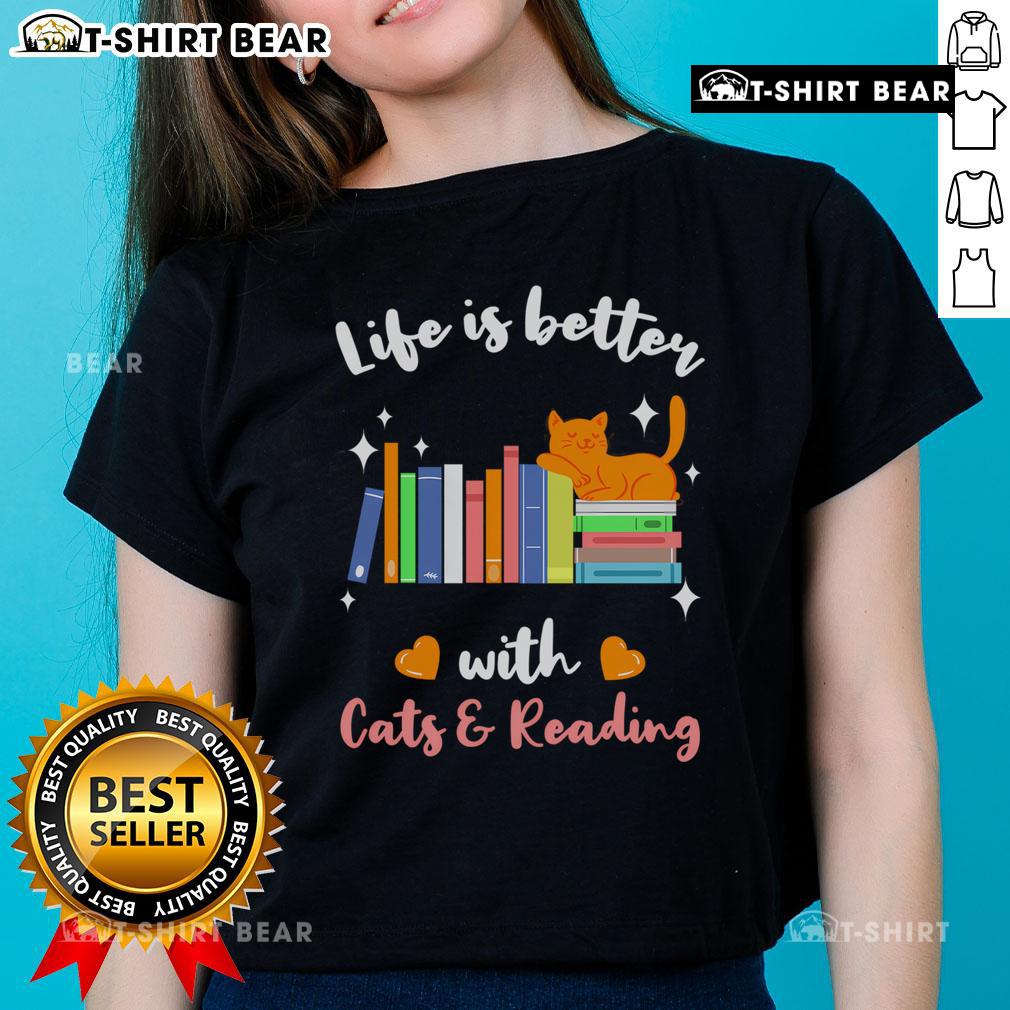 Top Life Is Better With Cats Reading Ladies Tee featuring a playful cat graphic and stylish text design.