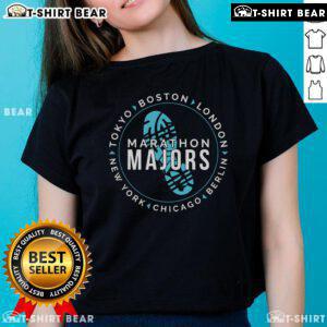 Top Marathon Majors runner finisher in ladies tee celebrating 26 miles completed at the race.