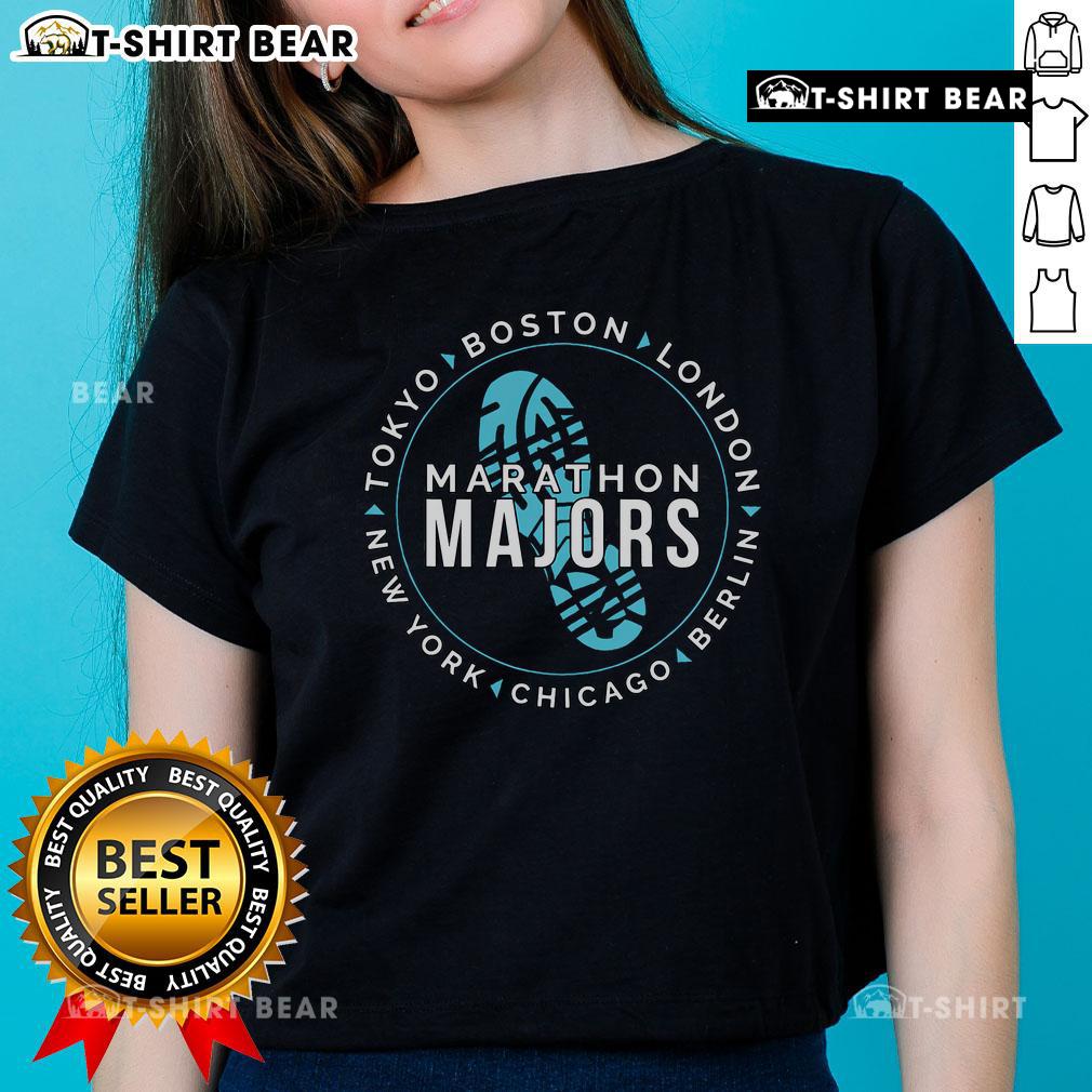 Top Marathon Majors runner finisher in ladies tee celebrating 26 miles completed at the race.