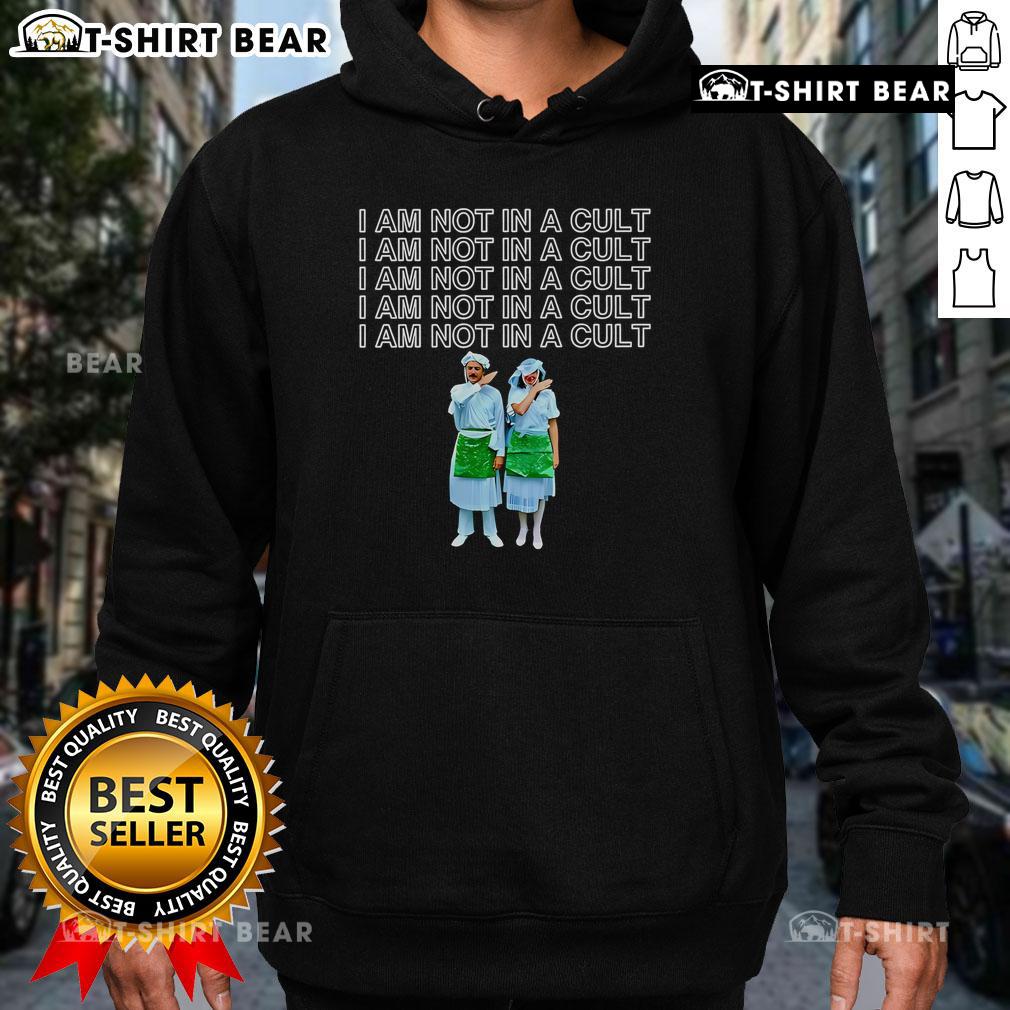 Person wearing a 'Top Mormon I Am Not In A Cult' hoodie, showcasing a bold statement on faith and identity.