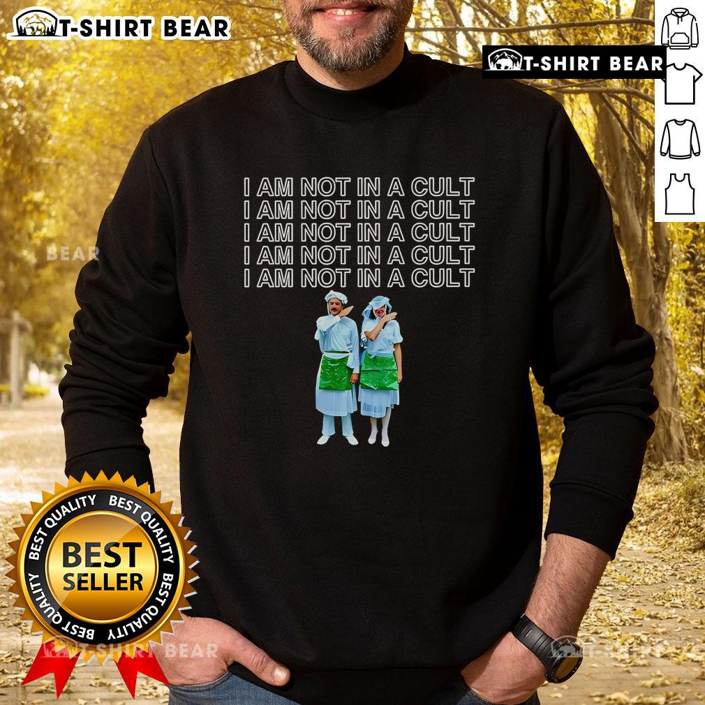 Top Mormon 'I Am Not In A Cult' sweatshirt showcasing bold text design for casual wear and religious humor.