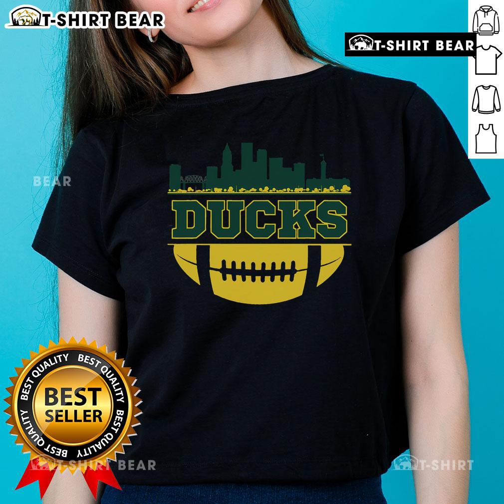 Stylish Oregon Ducks apparel featuring a city skyline design on a ladies' tee, perfect for football fans.
