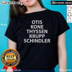 Stylish Ladies Tee featuring logos of Top Otis, Kone, Thyssen, Krupp, and Schindler elevator brands.