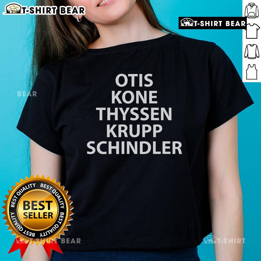 Stylish Ladies Tee featuring logos of Top Otis, Kone, Thyssen, Krupp, and Schindler elevator brands.