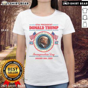 Donald Trump Inauguration Day 2025 memorabilia ladies tee featuring vibrant graphics and patriotic design.