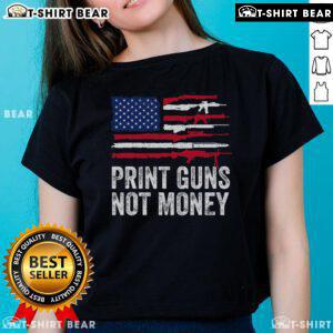 Top-Print-Guns-Not-Money-Ladies-Tee featuring a stylish graphic design promoting gun rights for women.