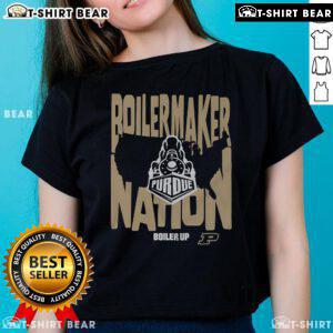 Top Purdue Boilermakers Nation Boiler Up ladies tee in black, showcasing team spirit and style for female fans.