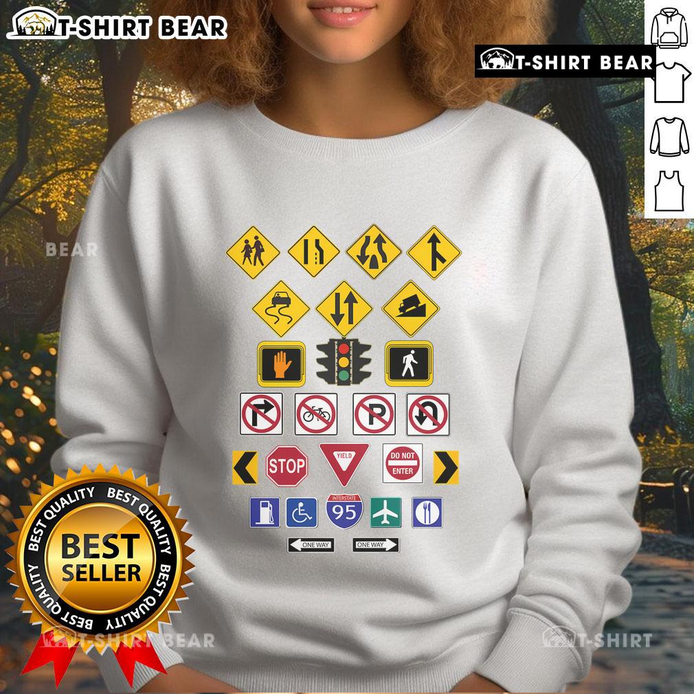 Cozy Top Road Signs sweatshirt featuring vibrant road sign graphics, perfect for travel enthusiasts and casual wear.