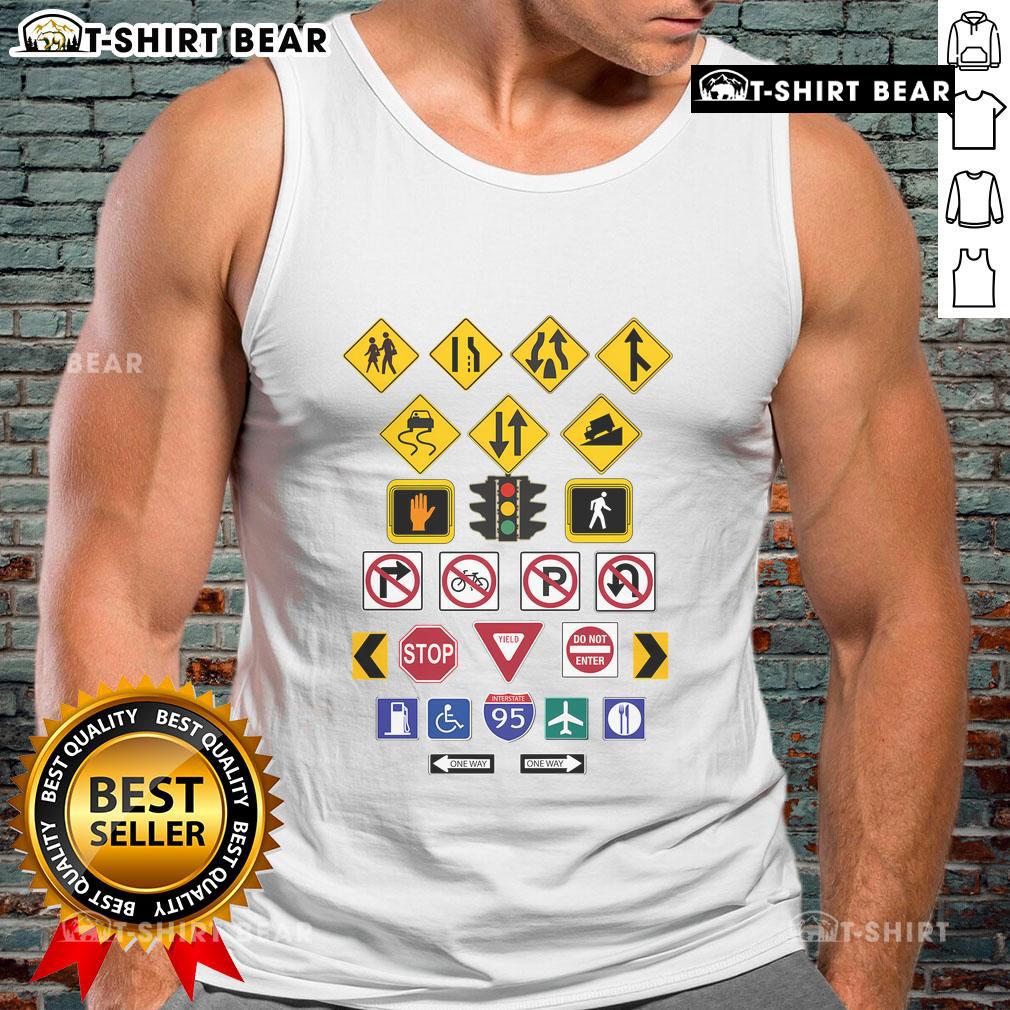 Stylish Top Road Signs tank top featuring vibrant graphic designs of various road signs for casual summer wear.
