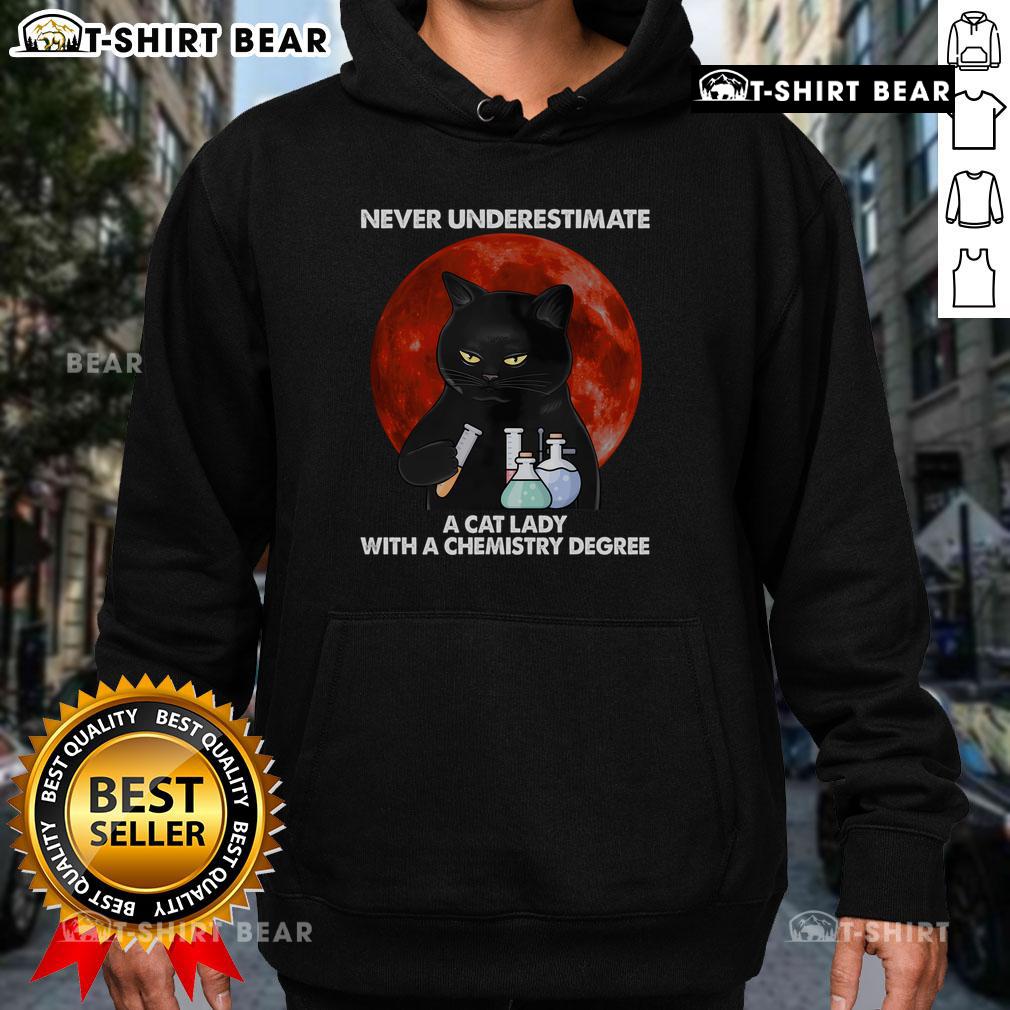Chemistry teacher wearing a 'Top Science Nerdy Humor' hoodie, surrounded by playful cats, showcasing feline lover style.