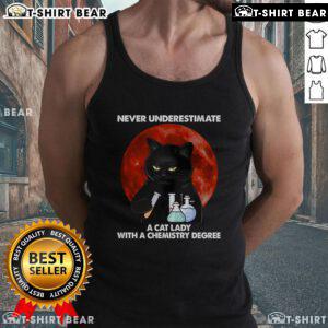 Chemistry teacher in a nerdy tank top with a cat, showcasing top science humor and feline love.