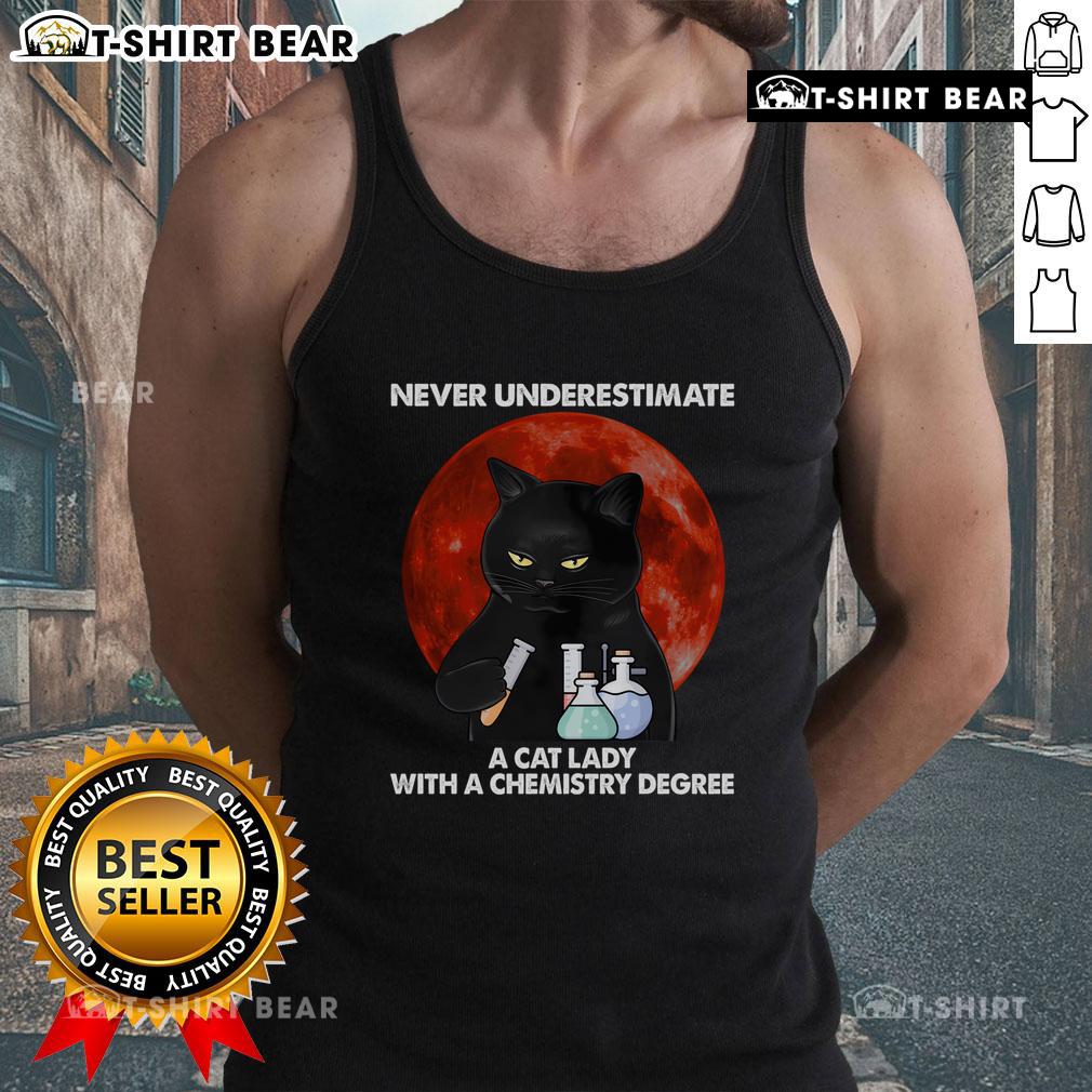 Chemistry teacher in a nerdy tank top with a cat, showcasing top science humor and feline love.