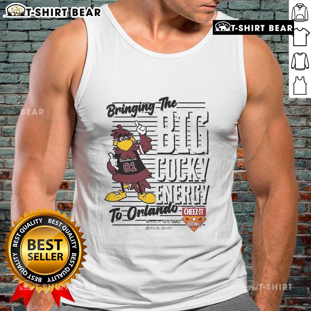 South Carolina Gamecocks fans wearing tank tops exuding big Cocky energy at the Cheez-It Citrus Bowl in Orlando.