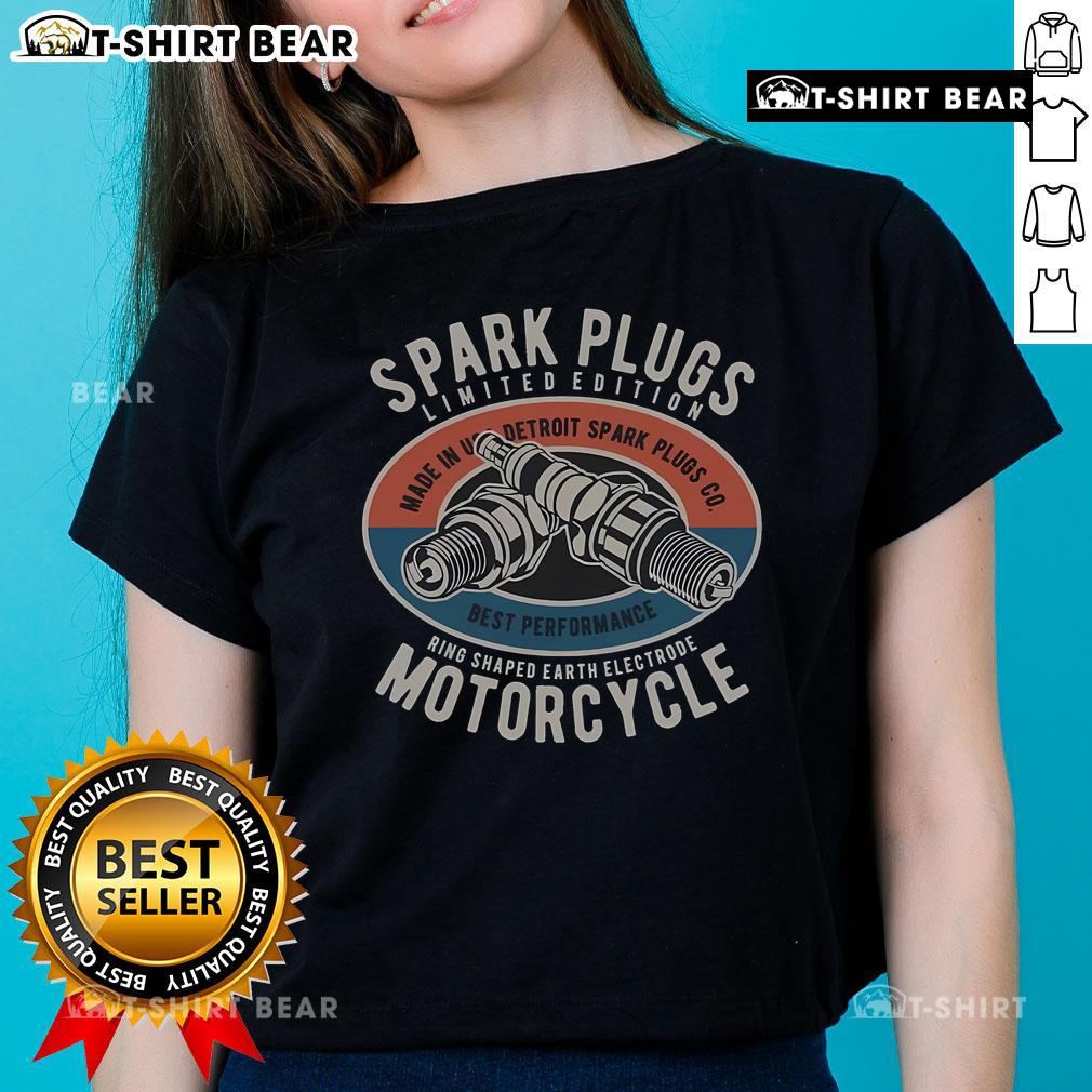 Vintage ladies tee featuring top spark plugs design for motorcycle bikers, perfect for biking enthusiasts and fashion lovers.