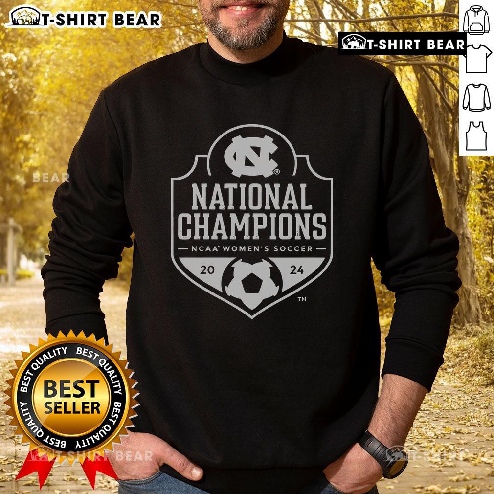 Top UNC Women's Soccer 2024 National Champions Sweatshirt featuring team logo and championship colors.
