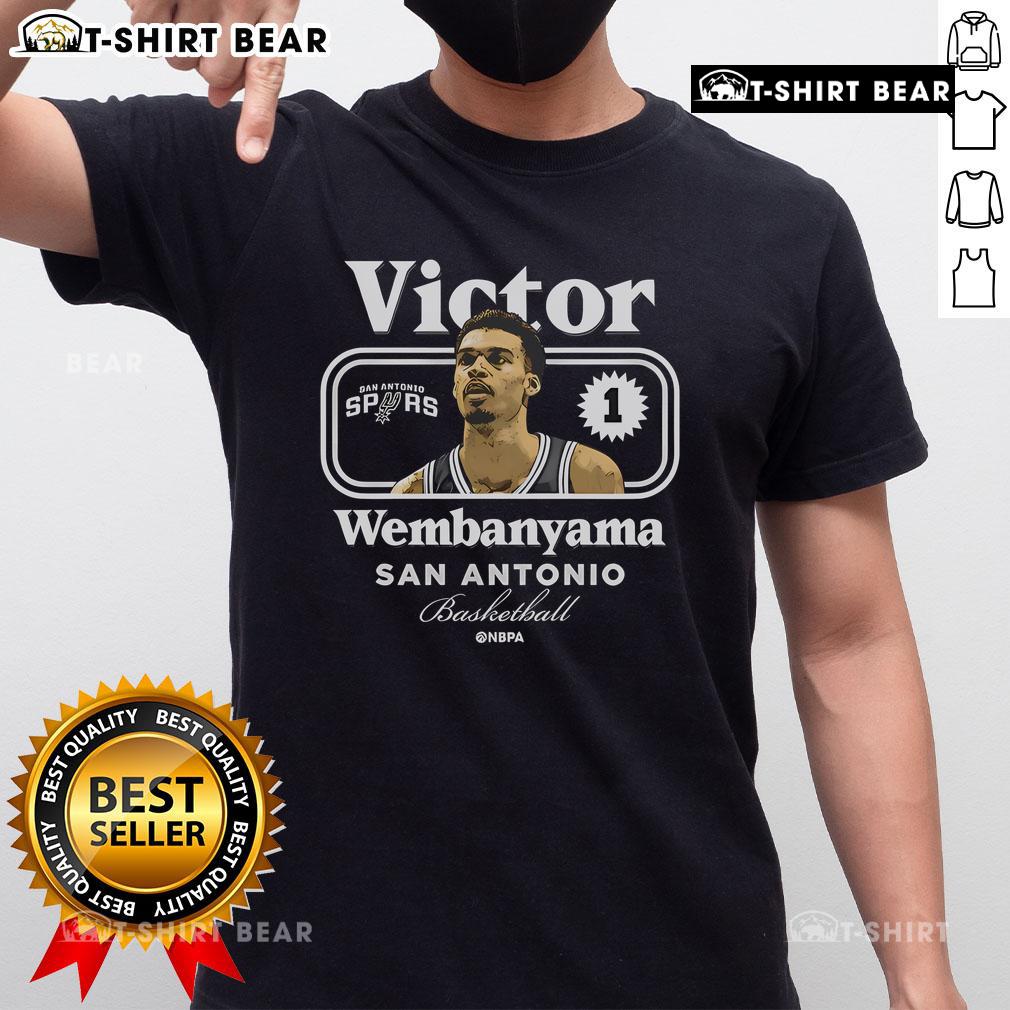 Victor Wembanyama portrait on a San Antonio Spurs basketball t-shirt, showcasing the rising star's iconic style.