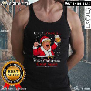 Funny Trump-themed tank top at a Vietnamese Christmas party, showcasing beer and festive cheer.