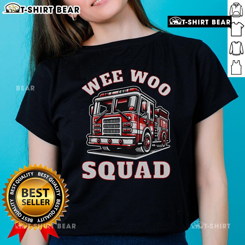 Funny firefighter family tee featuring the Top Wee Woo Squad design on a stylish ladies shirt.